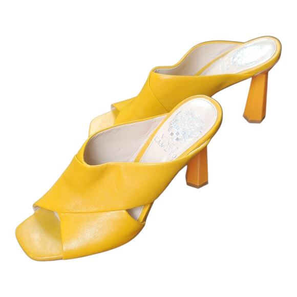 Vince Camuto Averessa Mule Slide Sandals Yellow Leather High Heels Women's 6M US - Picture 1 of 9